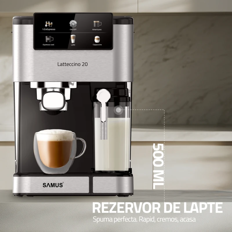 Espressor Samus Latteccino 20, 20 bari, rezervor lapte 500 ml, 6 tipuri bauturi, 1350 W, Rezervor apa 1.5 l, Sistem rapid de incalzire thermalblock, Inox/ Negru