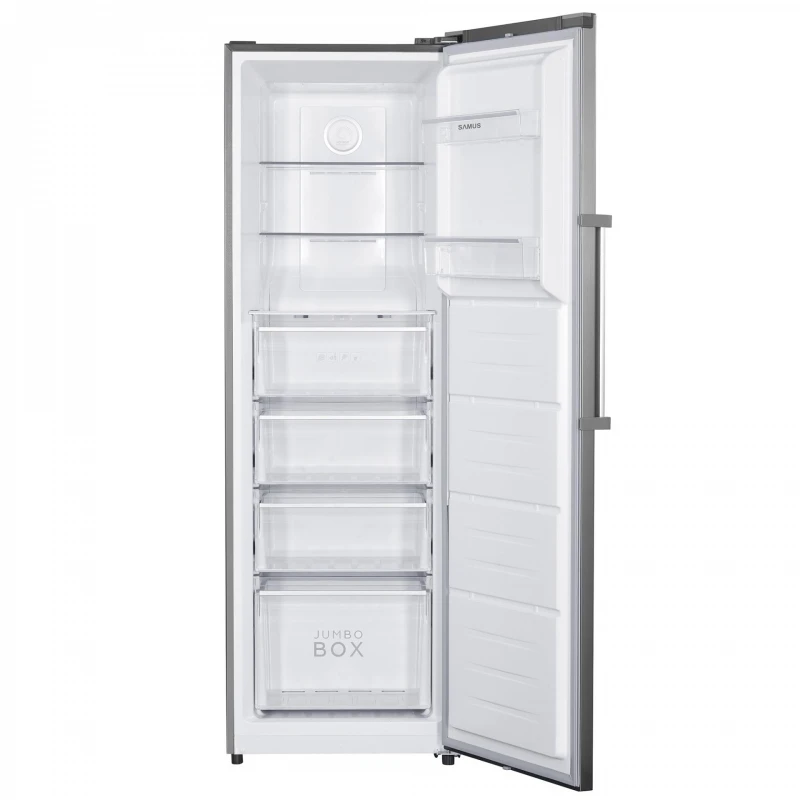 Congelator Samus SCXE346NFE, 274 L, Full No Frost, Multi Air Flow System, Afisaj Led, 3 rafturi din sticla, 3 sertare + 1 sertar Jumbo Box, Clasa energetica E, H 185 cm, Inox/ Argintiu
