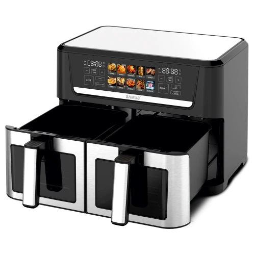 Friteuza dubla cu aer cald Samus AF12TWIN-S2800DW, 12 l, 2800 W, Afisaj electronic color, Timer 0-60 minute, 10 programe (Negru/Inox) Friteuza dubla cu aer cald Samus AF12TWIN-S2800DW, 12 l, 2800 W, Afisaj electronic color, Timer 0-60 minute, 10 programe (Negru/Inox)
