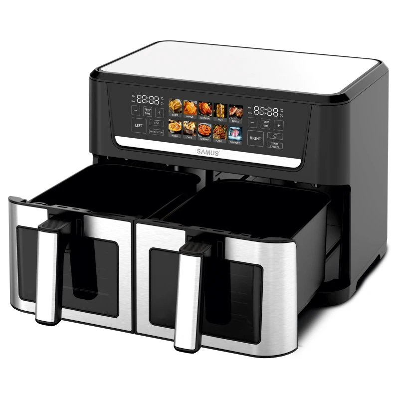 Friteuza dubla cu aer cald Samus AF12TWIN-S2800DW, 12 l, 2800 W, Afisaj electronic color, Timer 0-60 minute, 10 programe (Negru/Inox) Friteuza dubla cu aer cald Samus AF12TWIN-S2800DW, 12 l, 2800 W, Afisaj electronic color, Timer 0-60 minute, 10 programe (Negru/Inox)