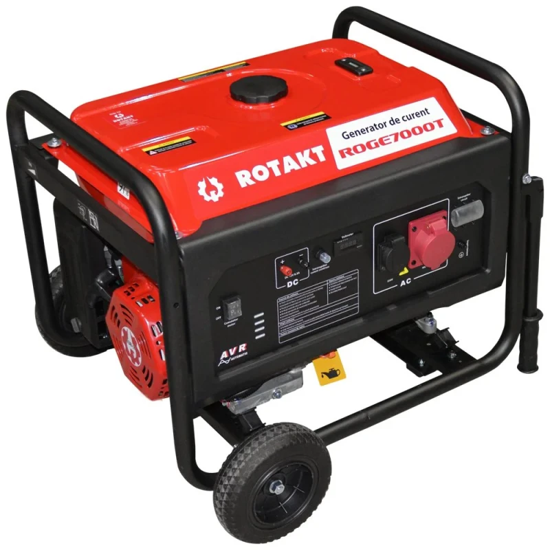 Generator curent Rotakt ROTAKT ROGE7000T putere 6.8KW 400V benzina pornire manuala AVR roti transport