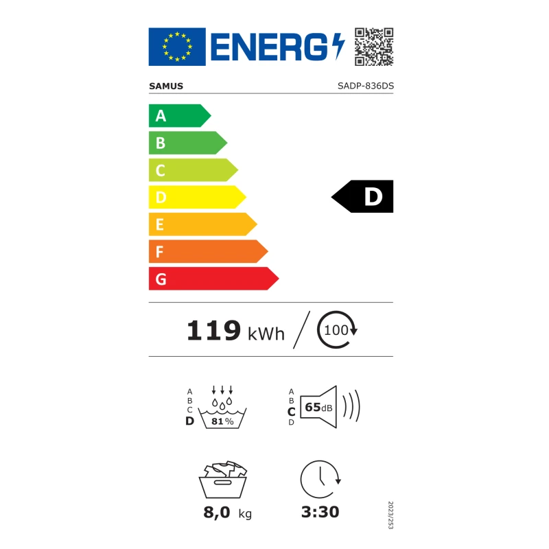 Uscator de rufe Samus SADP-836DS, Pompa de caldura, 8 kg, 15 programe, Clasa D, Igienizare UV, Afisaj electronic (Gri inchis)
