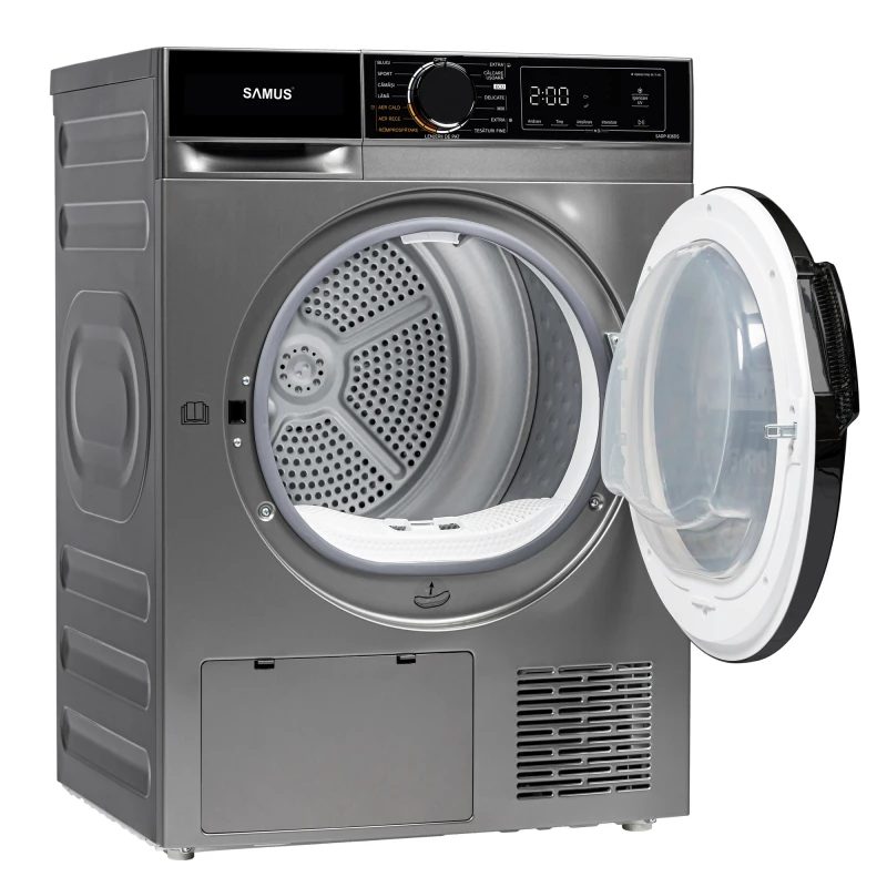 Uscator de rufe Samus SADP-836DS, Pompa de caldura, 8 kg, 15 programe, Clasa D, Igienizare UV, Afisaj electronic (Gri inchis)