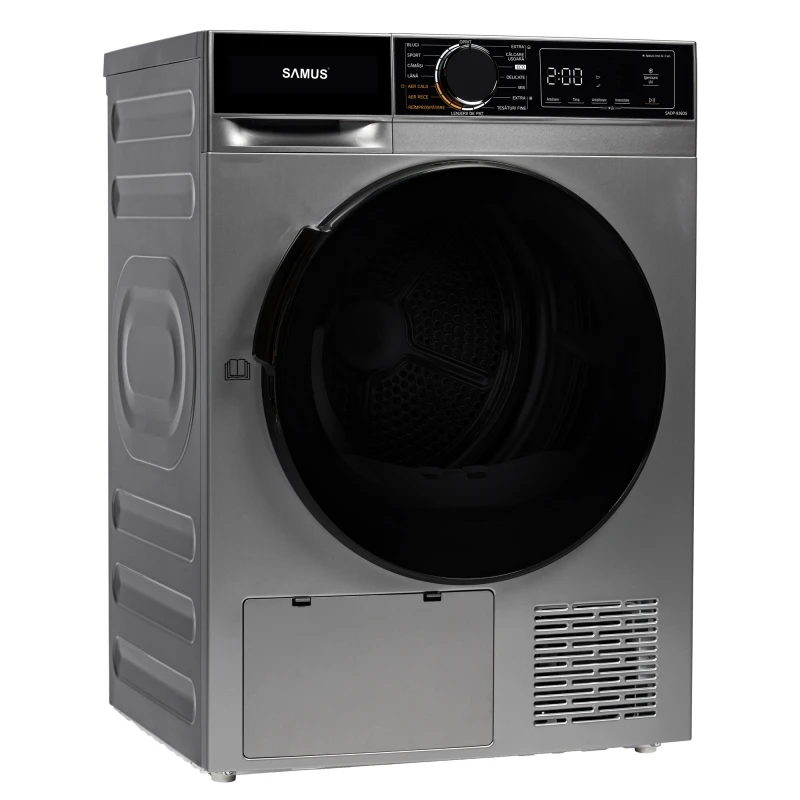 Uscator de rufe Samus SADP-836DS, Pompa de caldura, 8 kg, 15 programe, Clasa D, Igienizare UV, Afisaj electronic (Gri inchis)
