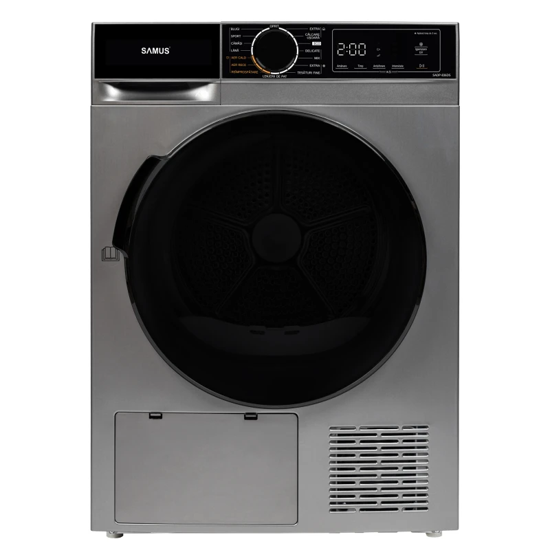 Uscator de rufe Samus SADP-836DS, Pompa de caldura, 8 kg, 15 programe, Clasa D, Igienizare UV, Afisaj electronic (Gri inchis)