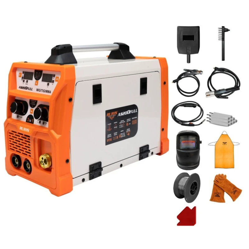 Aparat de sudura AS200FULL + KIT PRO W3 RURIS, aparat tip invertor, tip sudura MIG/LIFT TIG/MMA, diametru electrozi 2.5 mm - 4 mm