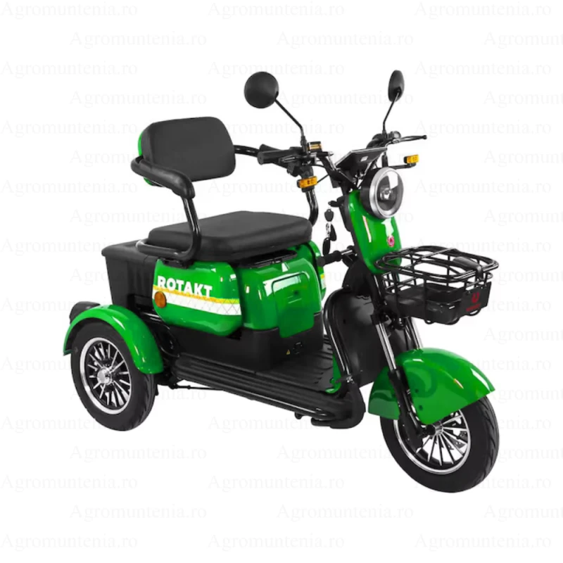 Tricicleta electrica Rotakt Safari, fara permis, CIV inclus, putere 1000W, viteza 25 km/h, autonomie 62 Km, acumulatori 60V/20Ah, greutate admisa 187 kg, verde