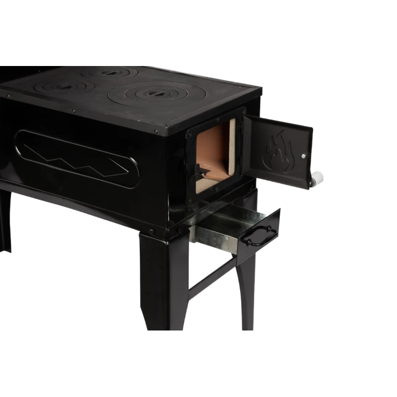 Soba pe Lemne cu Plita din Fonta (3 Ochiuri) și Cuptor dreapta, Emailata, Ø120 mm, 1000x1150x450 mm, Randament 67%, Negru