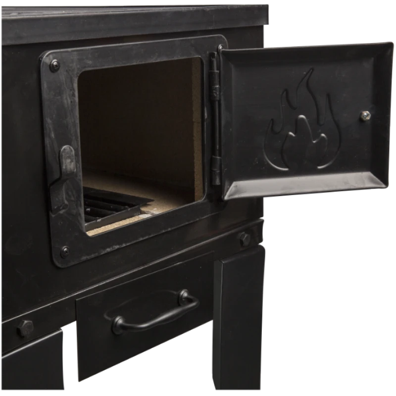 Soba pe Lemne cu Plita din Fonta (3 Ochiuri) și Cuptor dreapta, Emailata, Ø120 mm, 1000x1150x450 mm, Randament 67%, Negru