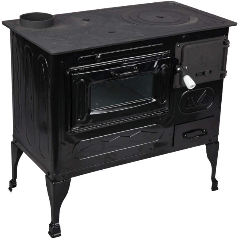 Soba de Gatit pe Lemne Evotools Tip A – Cuptor si Plita din Fonta, 7.5 kW, Stanga, Emailata, Negru Email