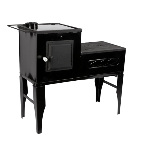 Soba pe Lemne cu Plita din Fonta (3 Ochiuri) și Cuptor Stanga, Emailata, Ø120 mm, 1000x1150x450 mm, Randament 67%, Negru