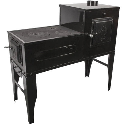 Soba pe Lemne cu Plita din Fonta (3 Ochiuri) și Cuptor dreapta, Emailata, Ø120 mm, 1000x1150x450 mm, Randament 67%, Negru
