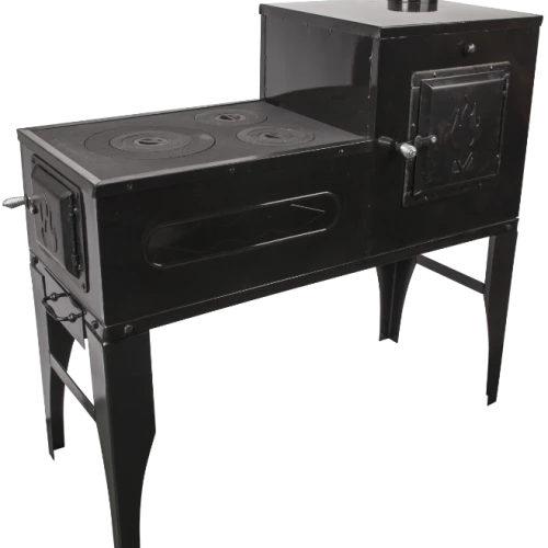 Soba pe Lemne cu Plita din Fonta (3 Ochiuri) și Cuptor dreapta, Emailata, Ø120 mm, 1000x1150x450 mm, Randament 67%, Negru