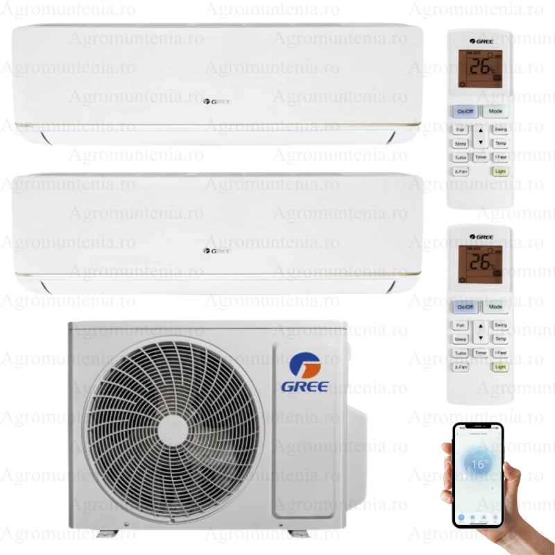 Pachet aer conditionat multi split Gree, inverter 2 x 9000 BTU, Wifi inclus, Clasa A++/A+, Eco, Anti-mucegai, Dezghetare inteligenta, Generator de ioni, Cold Plasma, Racire, Incalzire