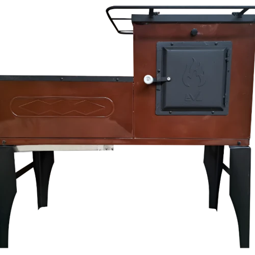 Soba pe Lemne cu Plita din Fonta (3 Ochiuri) și Cuptor dreapta, Emailata, Ø120 mm, 1000x1150x450 mm, Randament 67%, Maro