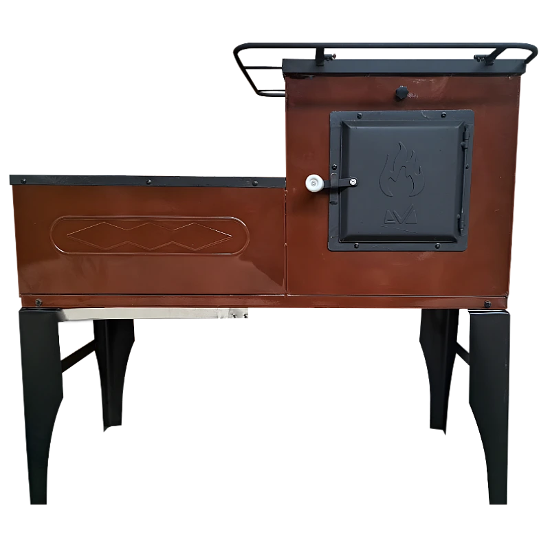 Soba pe Lemne cu Plita din Fonta (3 Ochiuri) și Cuptor dreapta, Emailata, Ø120 mm, 1000x1150x450 mm, Randament 67%, Maro