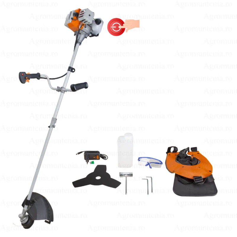 Motocoasa pe benzina EvoTools BC 427 EPTO, 1.8 CP, 2T, 43cc, 1.6L, taiere 255–440 mm, tija 2 segmente, compatibila cu accesorii, pornire manuala si electrica