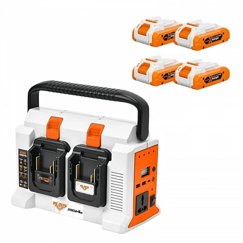 Invertor portabil pe acumulator RURIS 30024e, putere nominala 300 W + 4 acumulatori Alfa UP 2400e X-CHARGE