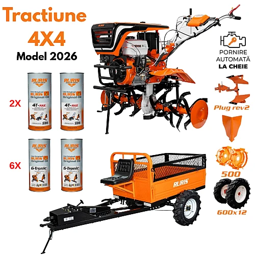 Motocultor RURIS 4x4, 918ACC PRO 18 CP, 460 cc, 2+1 viteze, pornire la cheie, remorca 4x4 600S, plug reversibil, roti metalice, rarita, roti cauciuc, ulei
