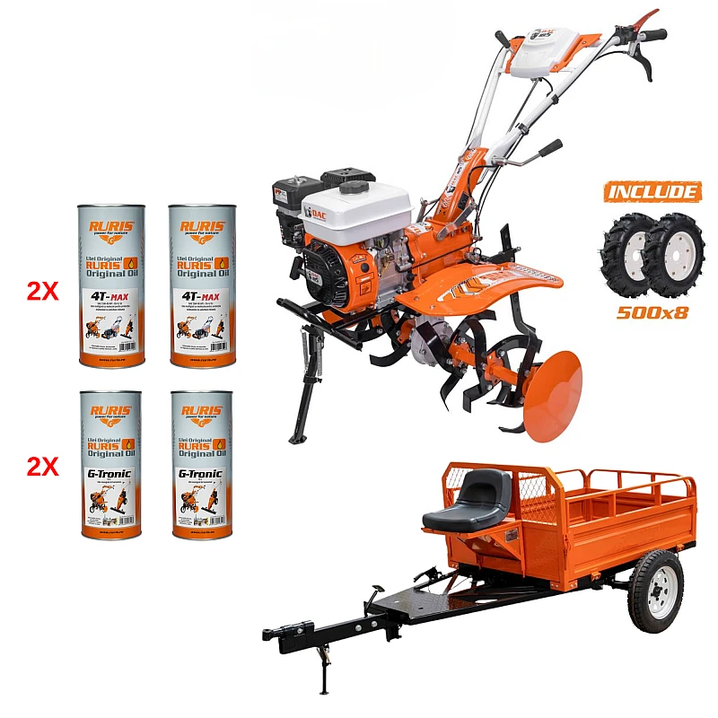 Motosapa pe benzina RURIS DAC 185 + putere maxima 8.5 CP, motor 4T, 208 CC, roti cauciuc 5.00-8, remorca ruris 550s, ulei