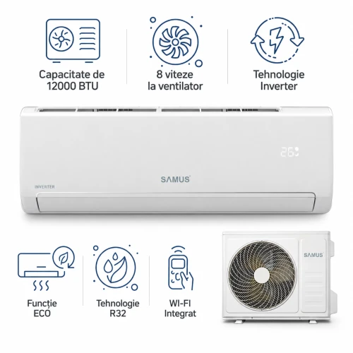 Aparat de aer conditionat Samus ACS-12K01, 12000 BTU, A++ / A+, Wi-Fi, inverter, ventilatie, functie incalzire, mod eco, I Feel, timer, mod de noapte, autocuratare