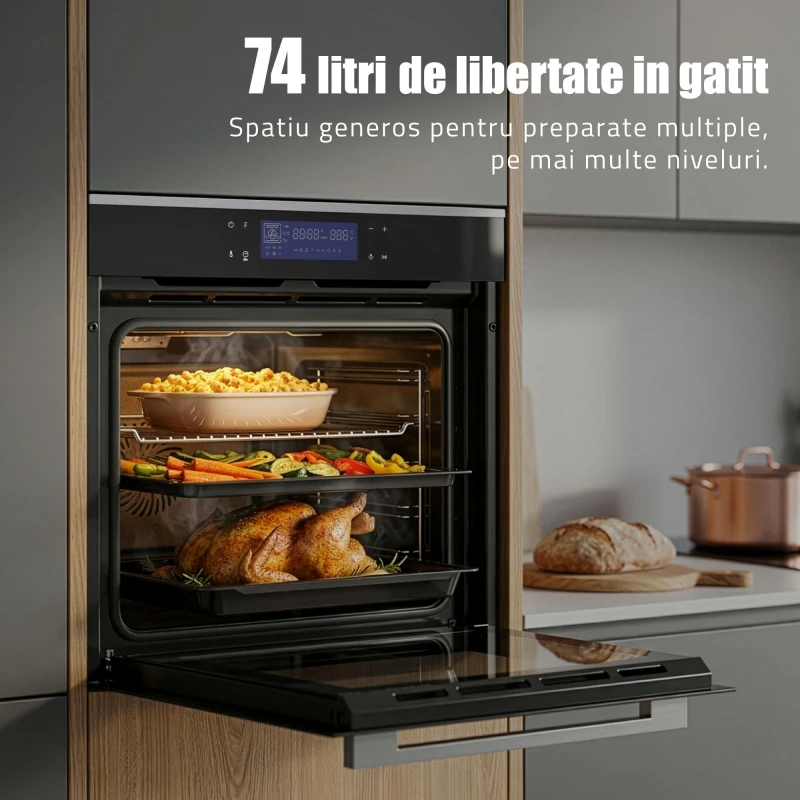 Cuptor electric incorporabil Samus SC632GDT13, clasa A+, 74 litri, 13 functii, grill, ventilator, timer, gatire 3D, autocuratare catalitica, afisaj digital, control touch, 2890 W