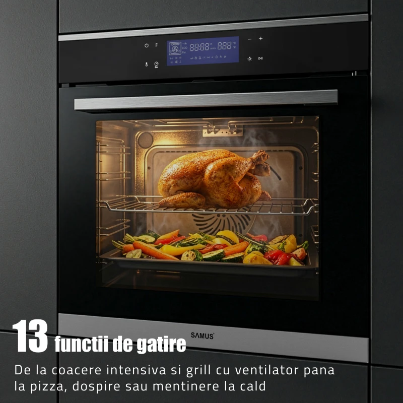 Cuptor electric incorporabil Samus SC632GDT13, clasa A+, 74 litri, 13 functii, grill, ventilator, timer, gatire 3D, autocuratare catalitica, afisaj digital, control touch, 2890 W