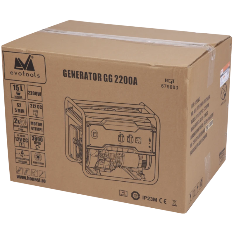 Generator benzina EvoTools GG2200A, 2200W, motor 5.4CP, 230V si 12V, rezervor 15L