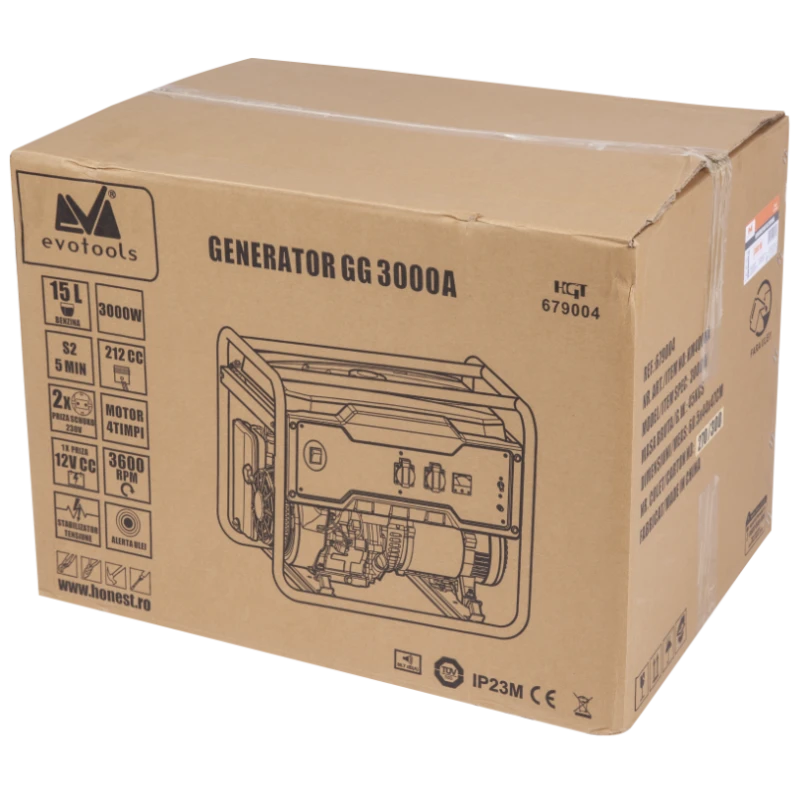 Generator benzina EvoTools GG3000A, 3000W, motor 5.4CP, 230V si 12V, rezervor 15L
