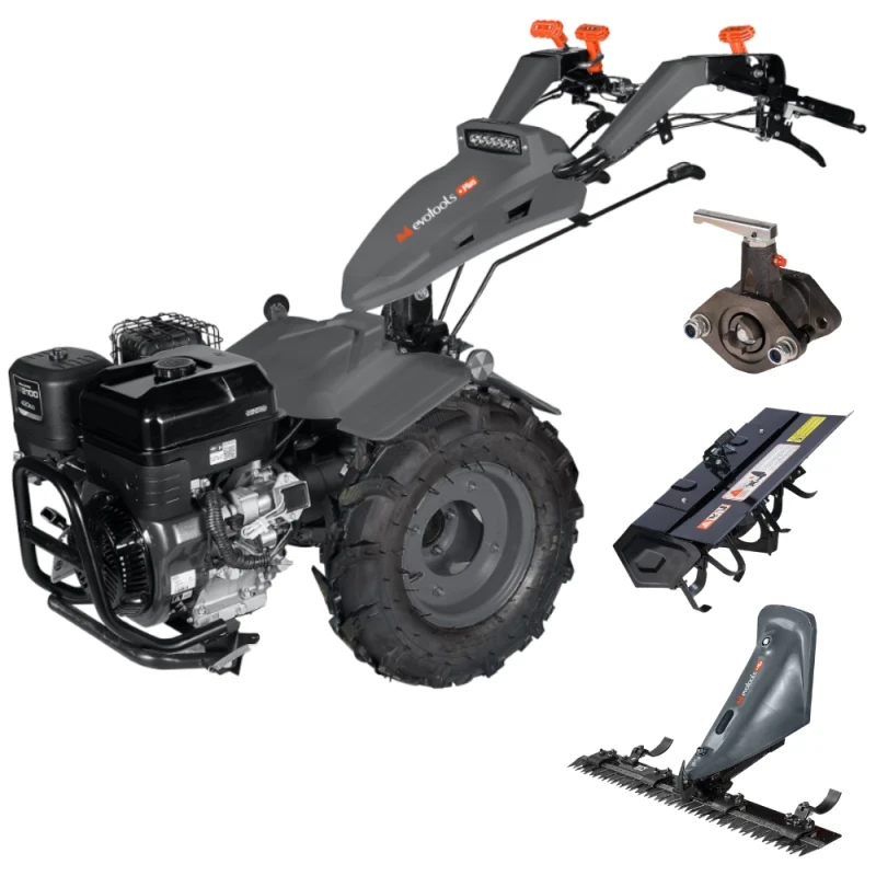 Motocultivator Evotools PLUS, Loncin MT760, Pornire Electrica, 13CP, pe benzina, 4 timpi racit cu aer, diferential blocabil, plug, cositoare, adaptor pto
