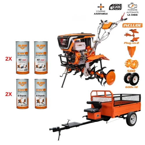 Motosapa RURIS 918ACC, 18 CP, 4 timpi, 460 cc, roti cauciuc 6.00-12 + rarita + plug reversibil rev2 + roti metalice 500, Remorca RURIS 750S, Ulei