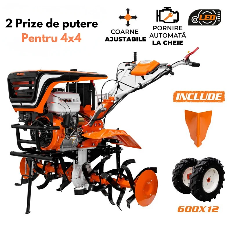 Motocultor RURIS 918K PRO, roti cauciuc 6.00-12, 18 CP, 2 Prize de putere pentru 4x4, 3 viteze