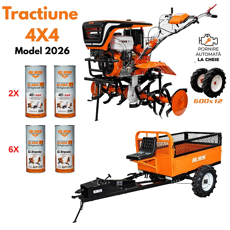Motocultor RURIS 4x4, 918K PRO 18 CP, 460 cc, 2+1 viteze, pornire la cheie, remorca 4x4 600S, ulei