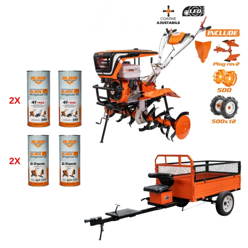 Motosapa RURIS 915ACC, 15 CP, 420 CC, 4 timpi, roti cauciuc, rarita, plug reversibil, roti metalice, remorca RURIS 750s, ulei