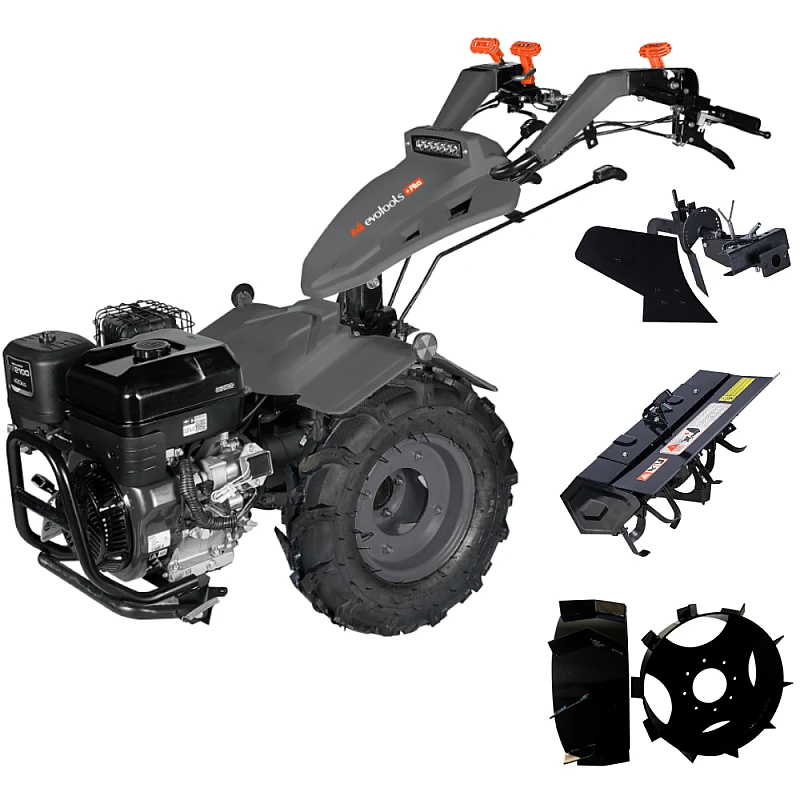Motocultivator Evotools PLUS, Loncin MT760, Pornire Electrica, 13CP, pe benzina, 4 timpi racit cu aer, diferential blocabil, plug, freza, roti metalice