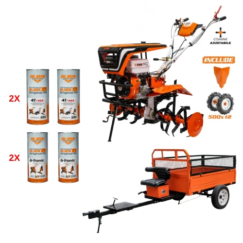 Motosapa RURIS 915K, 15 CP, 4 timpi, 420 cc + roti cauciuc + rarita + Remorca RURIS 750S, Ulei