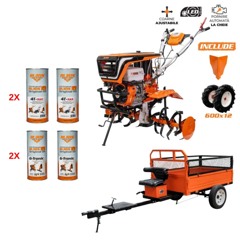 Motosapa RURIS 918K, 18 CP, 4 timpi, 460 cc, roti cauciuc 6.00-12 + rarita + Remorca Ruris 750S - RURIS