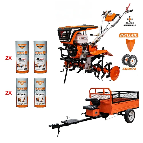 Motosapa RURIS 915K, 15 CP, 4 timpi, 420 cc + roti cauciuc + rarita + Remorca RURIS 750S, Ulei