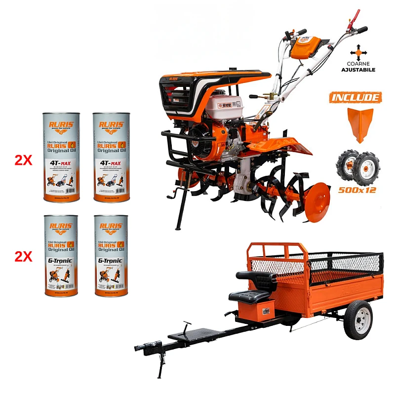 Motosapa RURIS 915K, 15 CP, 4 timpi, 420 cc + roti cauciuc + rarita + Remorca RURIS 750S, Ulei