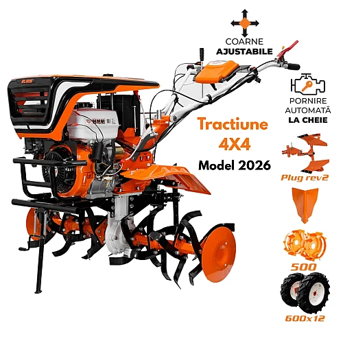 Motocultor RURIS 4x4, 918ACC PRO 18 CP, 460 cc, 2+1 viteze, pornire la cheie, plug reversibil, roti metalice, rarita, roti cauciuc
