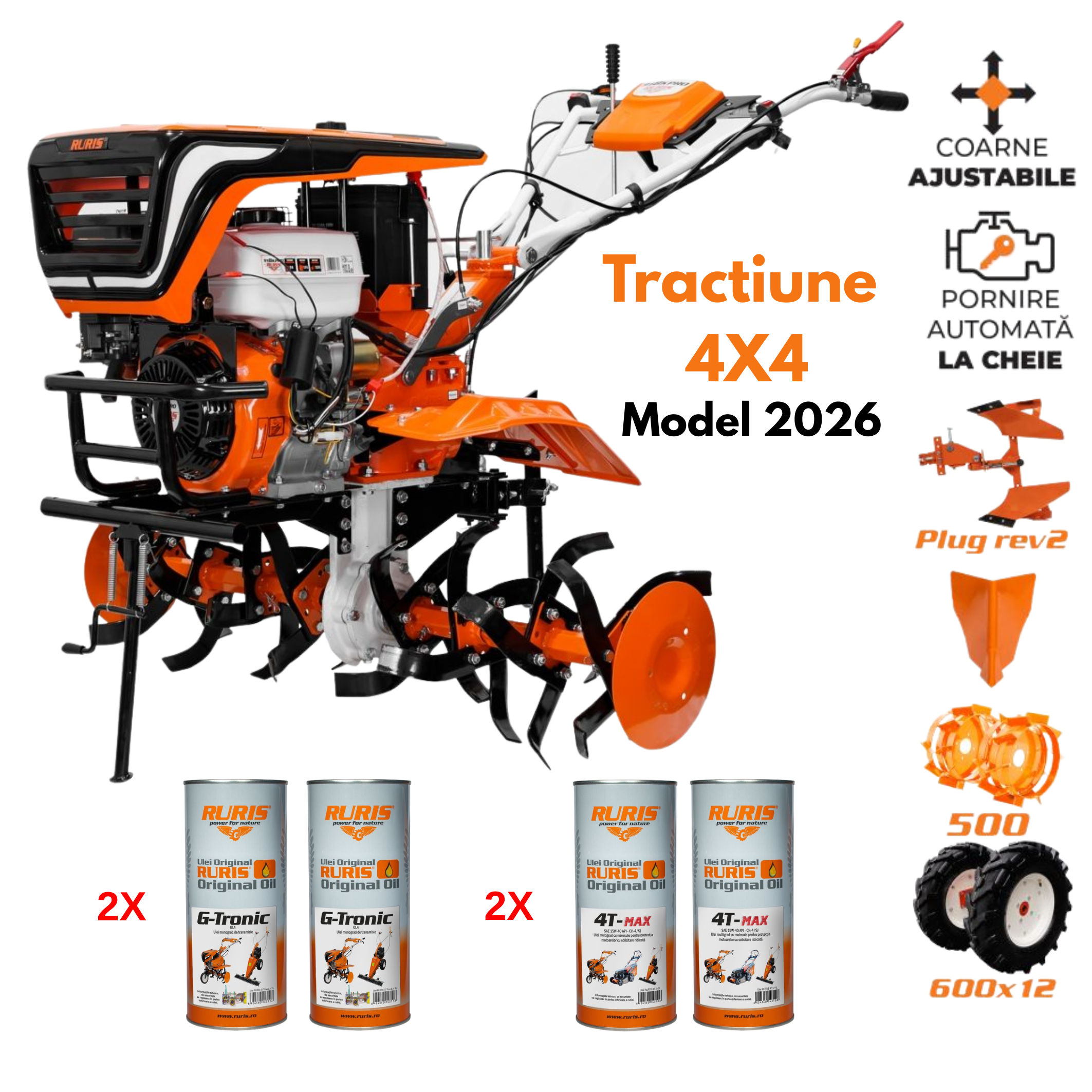 motocultor 4x4 Motocultor RURIS 4x4, 918ACC PRO 18 CP, 460 cc, 2+1 viteze, pornire la cheie, plug reversibil, roti metalice, rarita, roti cauciuc, ulei